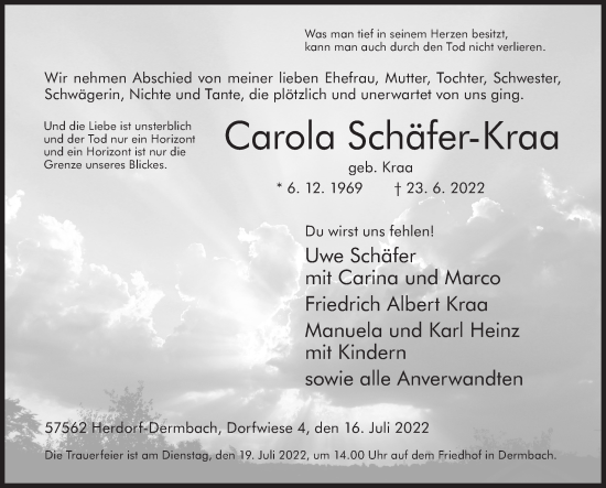 Traueranzeige von Carola Schäfer-Kraa von Siegener Zeitung