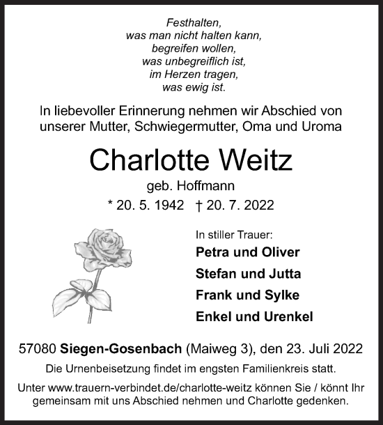 Traueranzeige von Charlotte Weitz von Siegener Zeitung