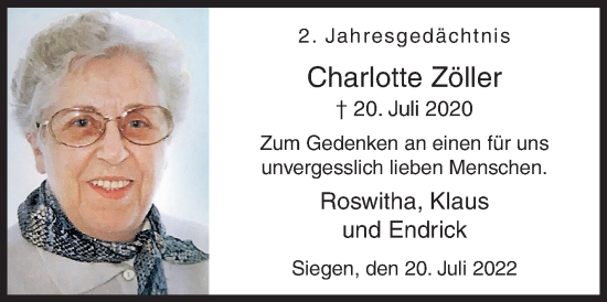Traueranzeige von Charlotte Zöller von Siegener Zeitung