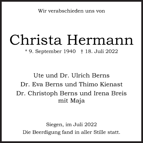 Traueranzeige von Christa Hermann von Siegener Zeitung