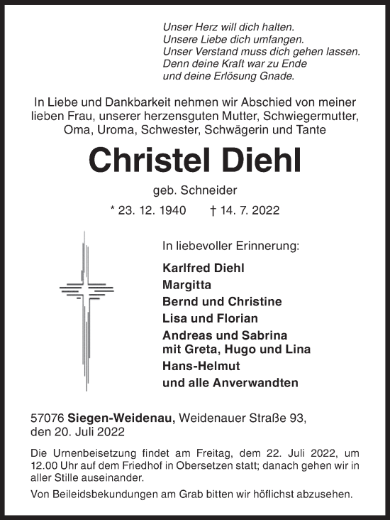 Traueranzeige von Christel Diehl von Siegener Zeitung