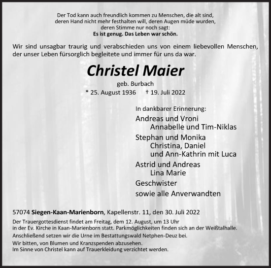 Traueranzeige von Christel Maier von Siegener Zeitung