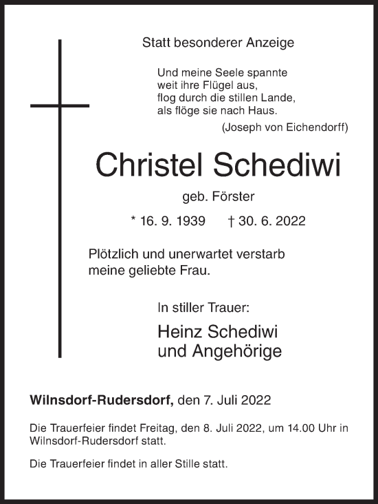 Traueranzeige von Christel Schediwi von Siegener Zeitung