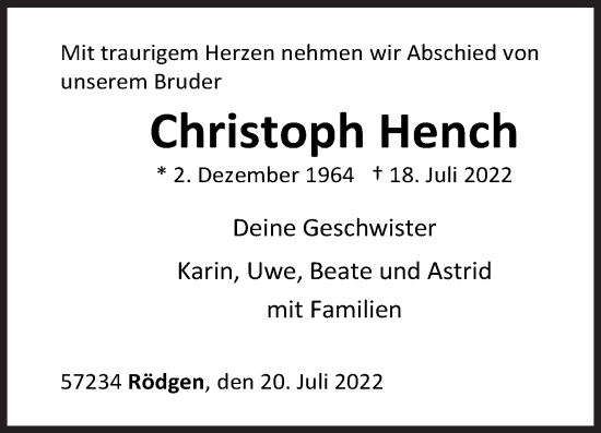 Traueranzeige von Christoph Hench von Siegener Zeitung