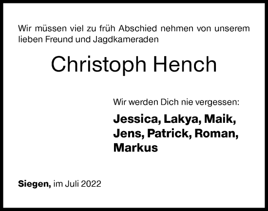 Traueranzeige von Christoph Hench von Siegener Zeitung