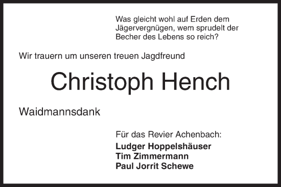 Traueranzeige von Christoph Hench von Siegener Zeitung
