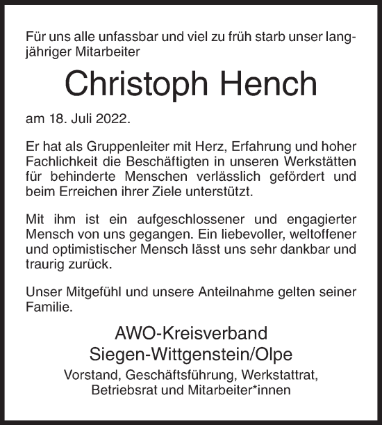 Traueranzeige von Christoph Hench von Siegener Zeitung