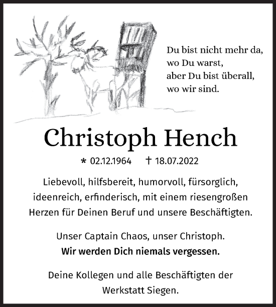 Traueranzeige von Christoph Hench von Siegener Zeitung