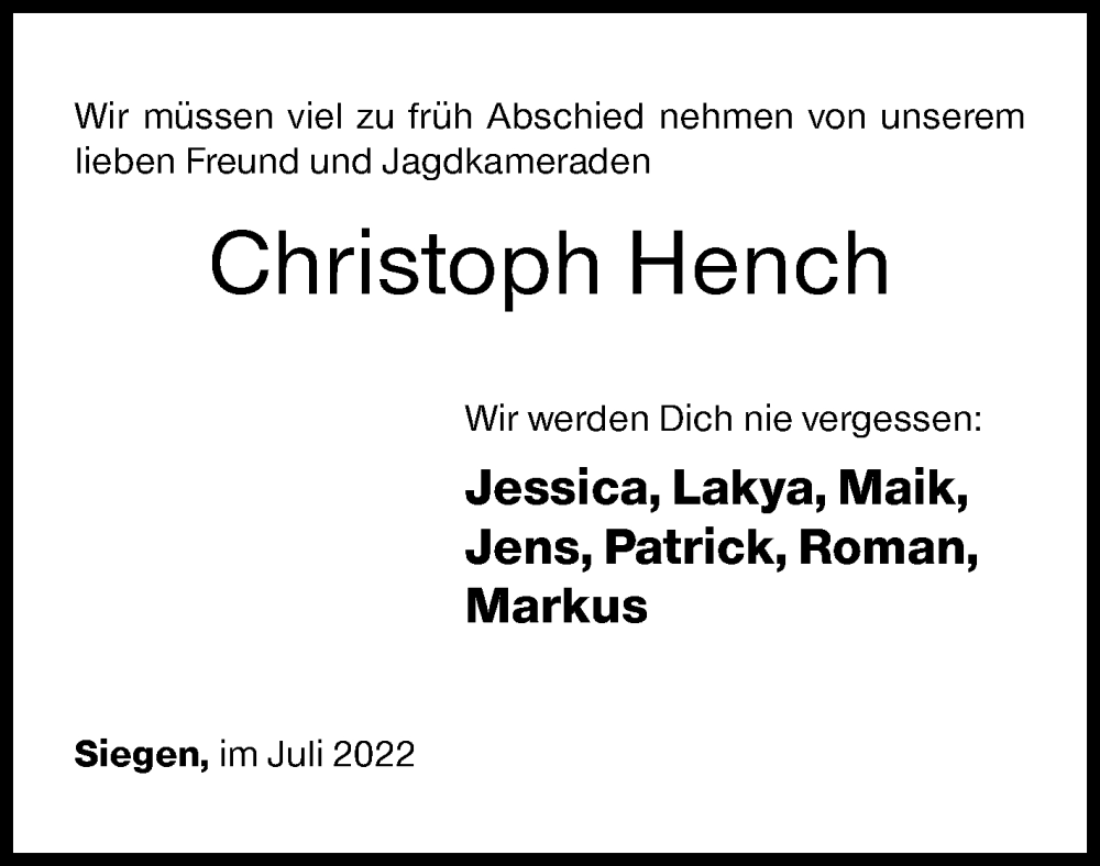  Traueranzeige für Christoph Hench vom 20.07.2022 aus Siegener Zeitung