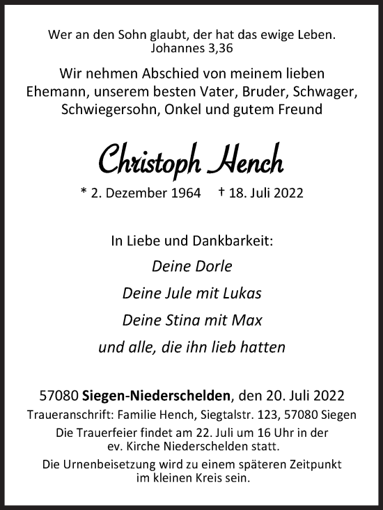 Traueranzeige von Christoph Hench von Siegener Zeitung