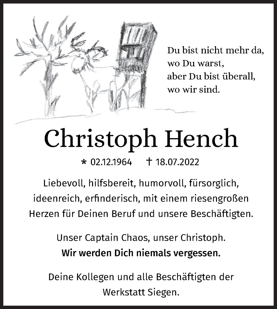  Traueranzeige für Christoph Hench vom 27.07.2022 aus Siegener Zeitung