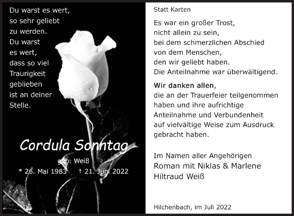  Traueranzeige für Cordula Sonntag vom 30.07.2022 aus Siegener Zeitung