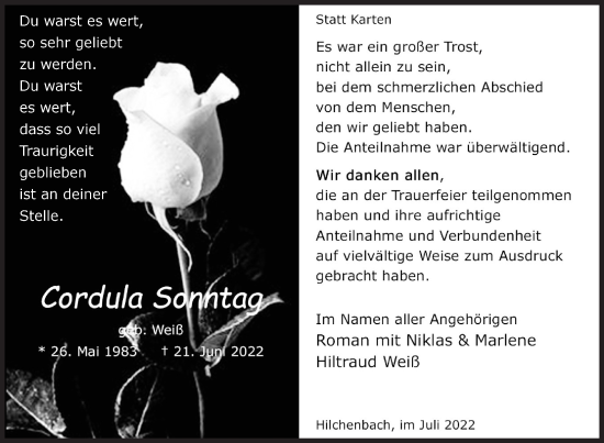 Traueranzeige von Cordula Sonntag von Siegener Zeitung