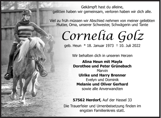 Traueranzeige von Cornelia Golz von Siegener Zeitung