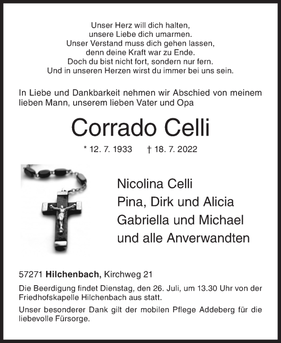 Traueranzeige von Corrado Celli von Siegener Zeitung
