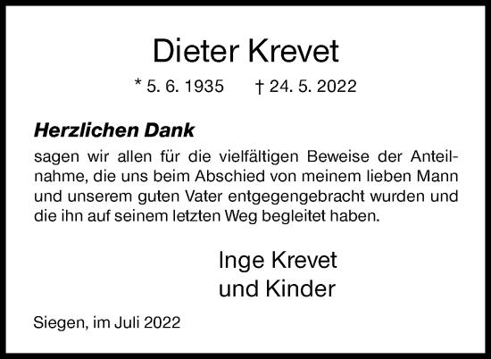 Traueranzeige von Dieter Krevet von Siegener Zeitung