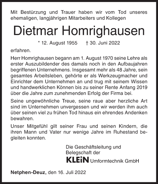 Traueranzeige von Dietmar Homrighausen von Siegener Zeitung