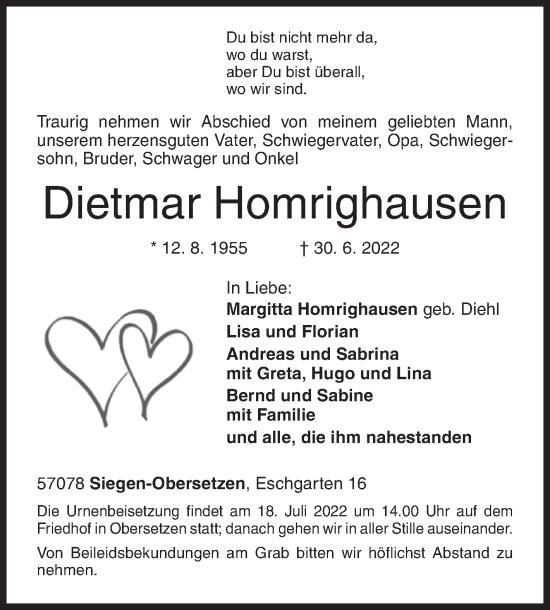 Traueranzeige von Dietmar Homrighausen von Siegener Zeitung