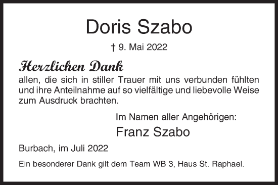 Traueranzeige von Doris Szabo von Siegener Zeitung