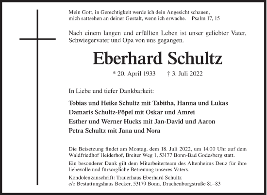 Traueranzeige von Eberhard Schultz von Siegener Zeitung