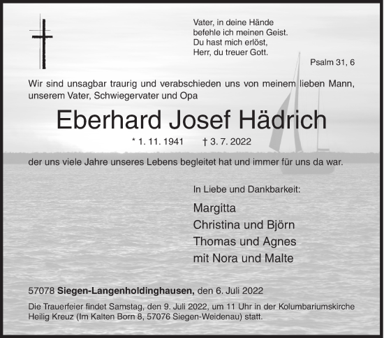 Traueranzeige von Eberhard Josef Hädrich von Siegener Zeitung