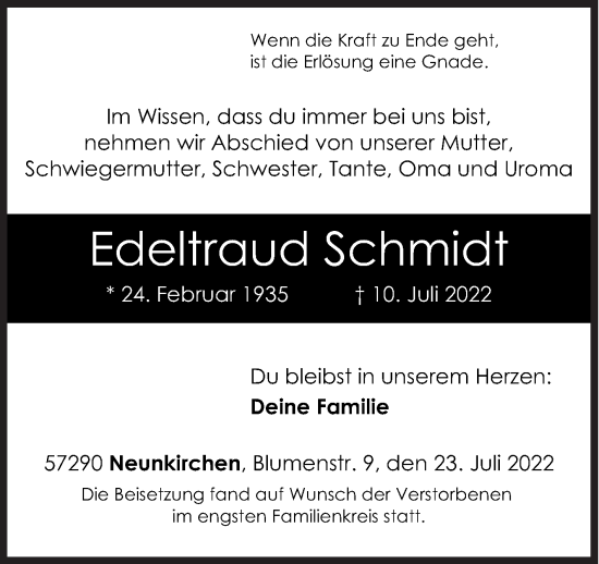 Traueranzeige von Edeltraud Schmidt von Siegener Zeitung