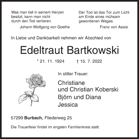 Traueranzeige von Edeltraut Bartkowski von Siegener Zeitung