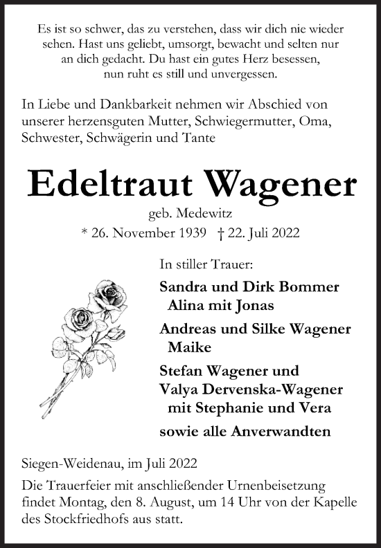 Traueranzeige von Edeltraut Wagener von Siegener Zeitung