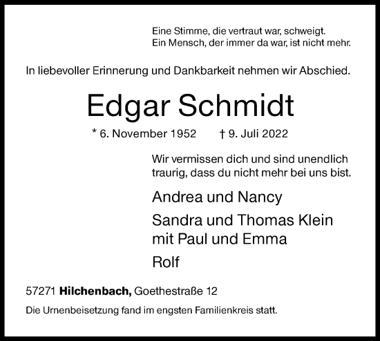 Traueranzeige von Edgar Schmidt von Siegener Zeitung
