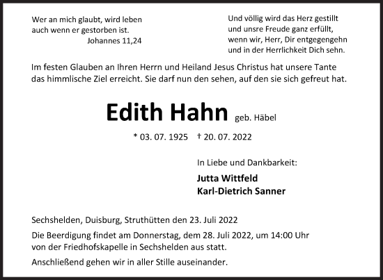 Traueranzeige von Edith Hahn von Siegener Zeitung