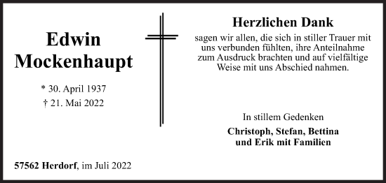 Traueranzeige von Edwin Mockenhaupt von Siegener Zeitung