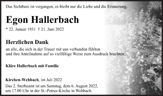 Traueranzeige von Egon Hallerbach von Siegener Zeitung