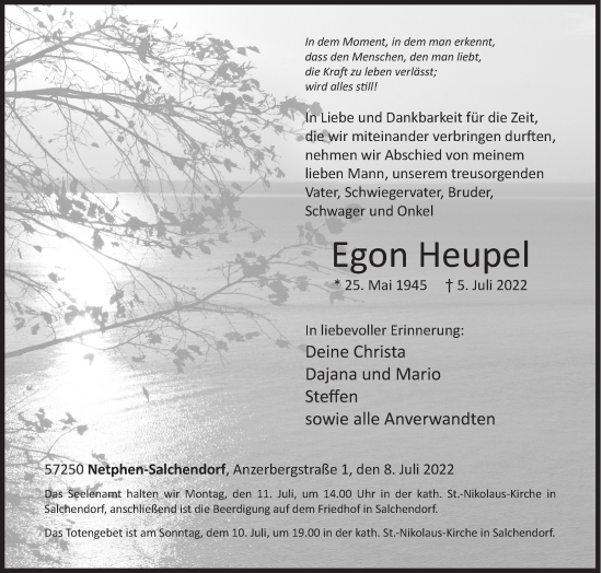 Traueranzeige von Egon Heupel von Siegener Zeitung
