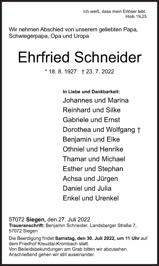 Traueranzeige von Ehrfried Schneider von Siegener Zeitung