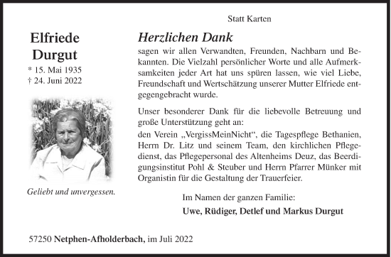 Traueranzeige von Elfriede Durgut von Siegener Zeitung