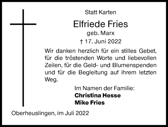 Traueranzeige von Elfriede Fries von Siegener Zeitung