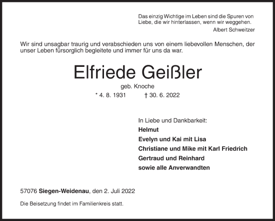Traueranzeige von Elfriede Geißler von Siegener Zeitung