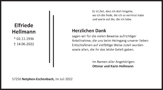 Traueranzeige von Elfriede Hellmann von Siegener Zeitung