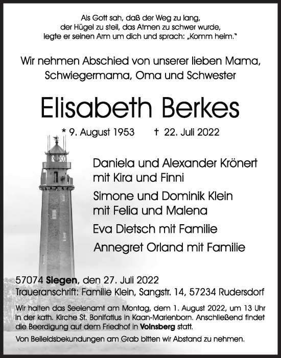 Traueranzeige von Elisabeth Berkes von Siegener Zeitung