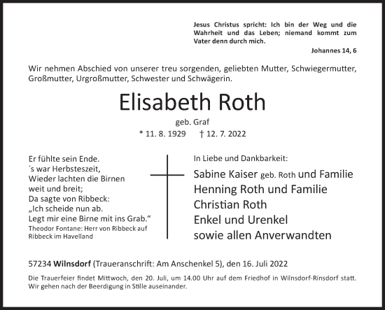 Traueranzeige von Elisabeth Roth von Siegener Zeitung