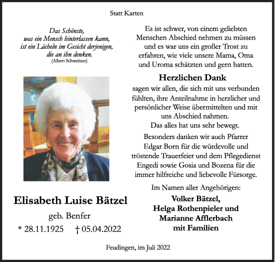Traueranzeige von Elisabeth Luise Bätzel von Siegener Zeitung