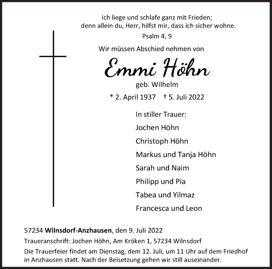 Traueranzeige von Emmi Höhn von Siegener Zeitung