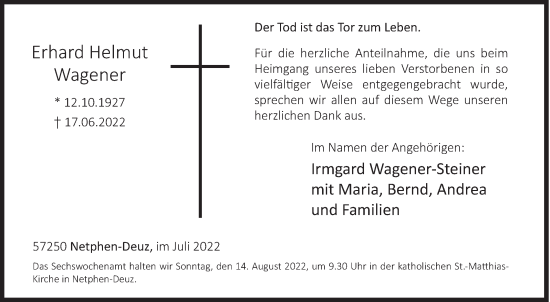 Traueranzeige von Erhard Helmut Wagener von Siegener Zeitung