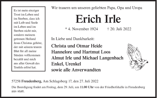 Traueranzeige von Erich Irle von Siegener Zeitung