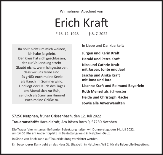 Traueranzeige von Erich Kraft von Siegener Zeitung