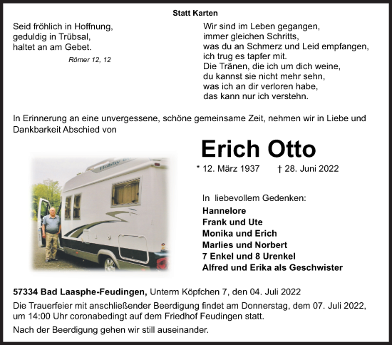 Traueranzeige von Erich Otto von Siegener Zeitung