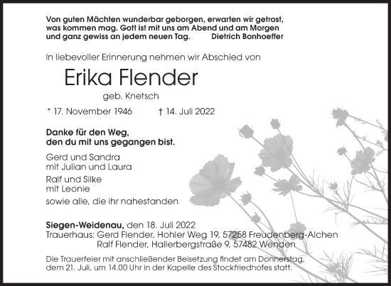 Traueranzeige von Erika Flender von Siegener Zeitung