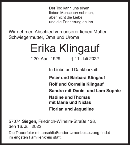 Traueranzeige von Erika Klingauf von Siegener Zeitung