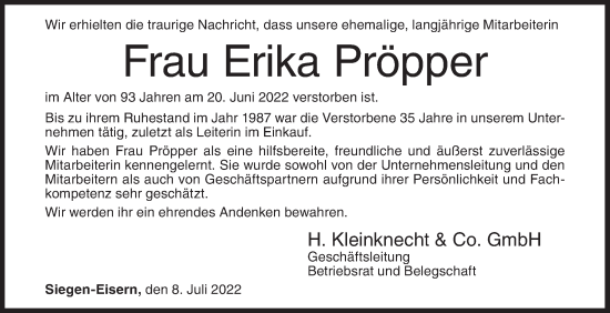 Traueranzeige von Erika Pröpper von Siegener Zeitung
