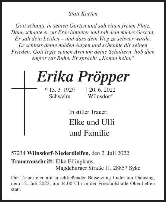 Traueranzeige von Erika Pröpper von Siegener Zeitung